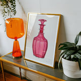 Rose Pink Carafe - Janet Riza 1930s Glassware Art Print, Framed Watercolor Painting Pink Glass Decanter