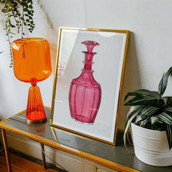Rose Pink Carafe - Janet Riza 1930s Glassware Art Print, Framed Watercolor Painting Pink Glass Decanter