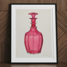 Rose Pink Carafe Janet Riza 1930s Glassware Art Print, Pink Glass Decanter Decorative Stopper Ribbed Body