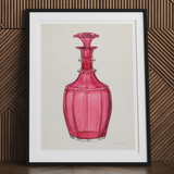 Rose Pink Carafe - Janet Riza 1930s Glassware Art Print, Pink Glass Decanter Decorative Stopper Ribbed Body