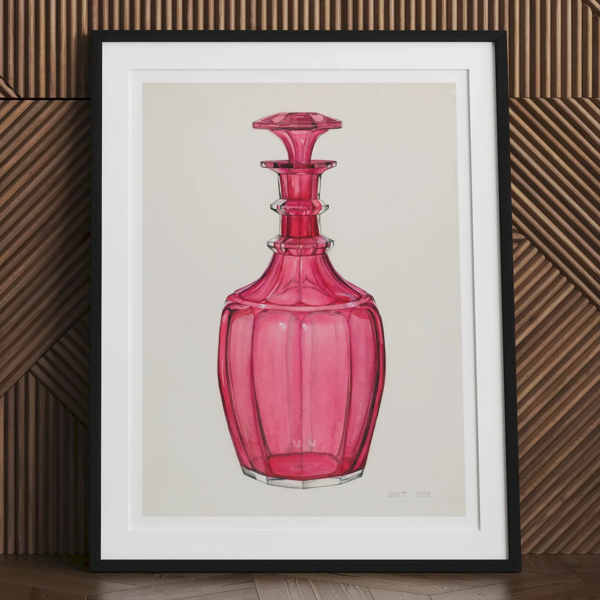 Rose Pink Carafe - Janet Riza 1930s Glassware Art Print, Pink Glass Decanter Decorative Stopper Ribbed Body