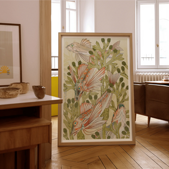Rouget - Maurice Pillard Verneuil Art Nouveau Print, Framed Artwork Fish Among Green Foliage Nature-inspired Illustration