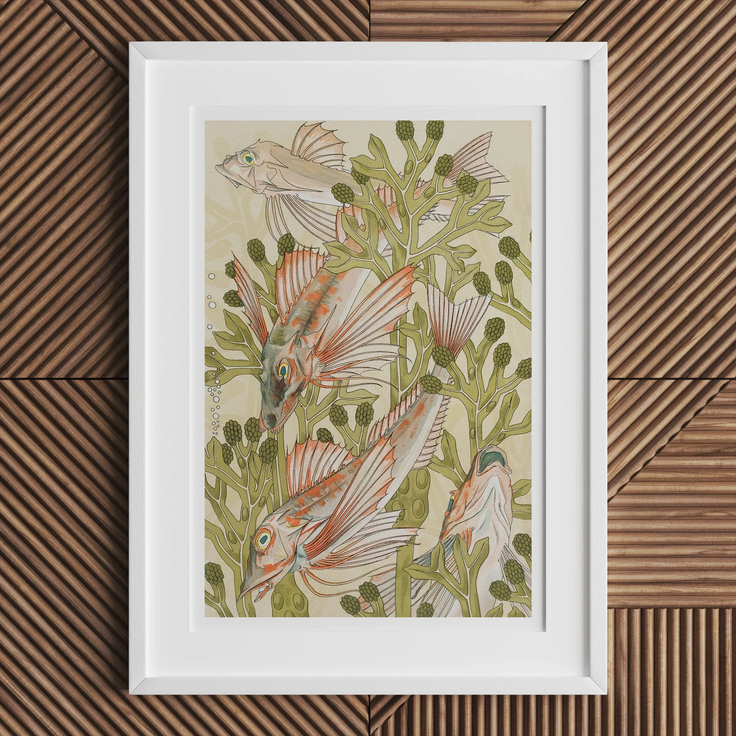 Rouget - Maurice Pillard Verneuil Art Nouveau Print, Framed Artwork Fish Among Seaweed Aquatic Plants