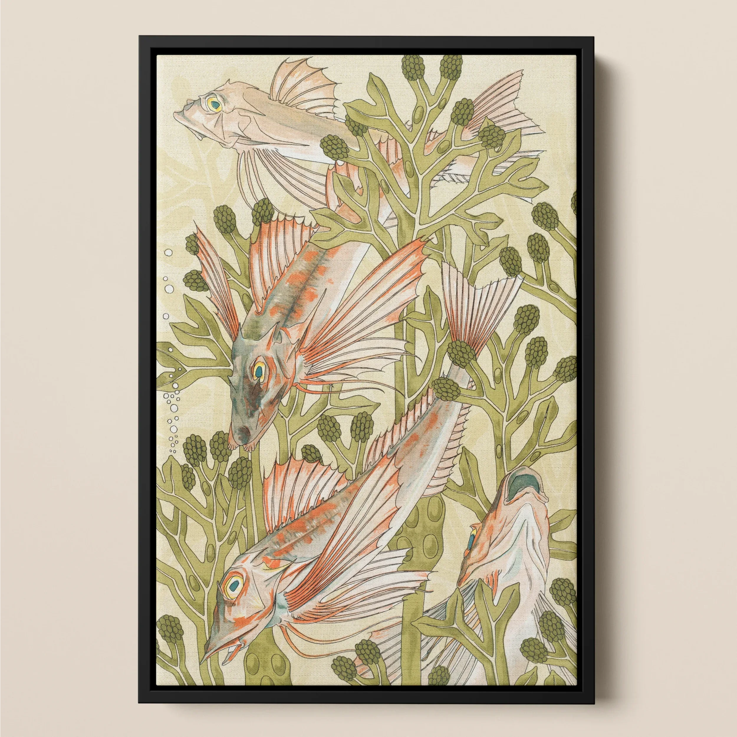 Rouget - Maurice Pillard Verneuil Framed Canvas, Framed Artwork Colorful Fish Among Seaweed Aquatic Plants