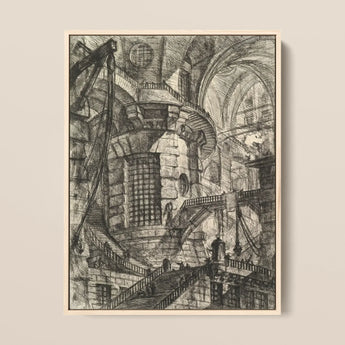 The Round Tower - Giovanni Battista Piranesi Fine Art Print / Canvas Detailed Black-and-white Architectural Sketch Framed Light Wood Frame