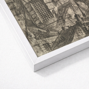 White Framed Artwork Detailed Black-and-white Sketch Industrial Cityscape Giovanni Battista Piranesi, Fine Art, Endless Cross-hatching