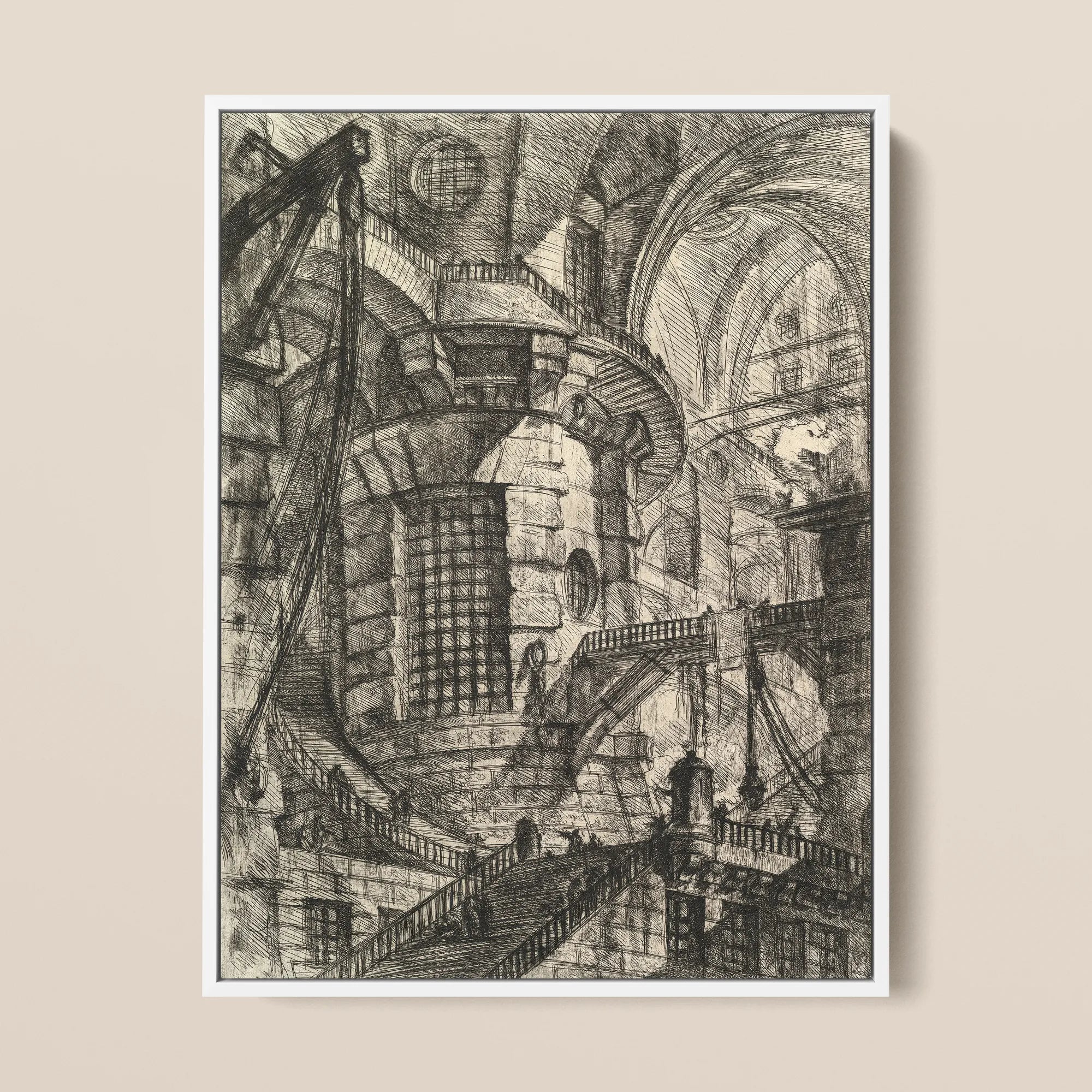 The Round Tower - Giovanni Battista Piranesi Framed Canvas, 12x16’’ / 31x41cm / White Floating Frame, Framed Intricate Pen Ink Fantastical