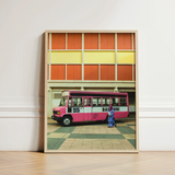 Framed Photograph Vibrant Pink White Vintage Bus Labeled Kl Street, Colorful, Urban Malaysia