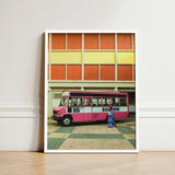 Framed Photograph Vibrant Pink White Vintage Bus Labeled Kl Street, Colorful, Urban Malaysia