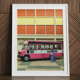 Route 55 - Colorful Kl Street Photography Art Print / Canvas Framed Photograph Vibrant Pink White Vintage Bus Labeled Kl Street, Colorful
