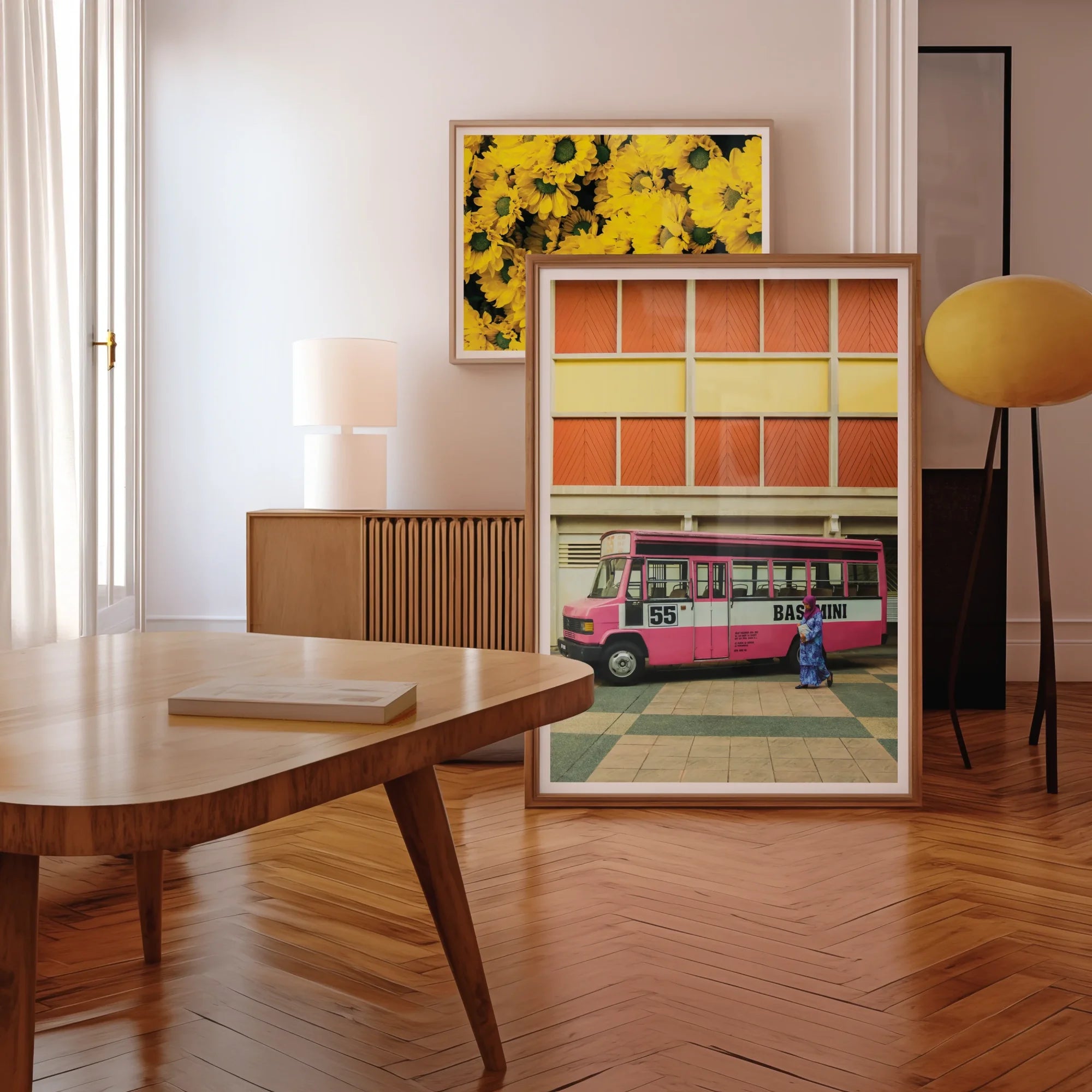 Route 55 - Colorful Kl Street Photography Art Print, Framed Artwork Pink Bus Colorful Geometric Background