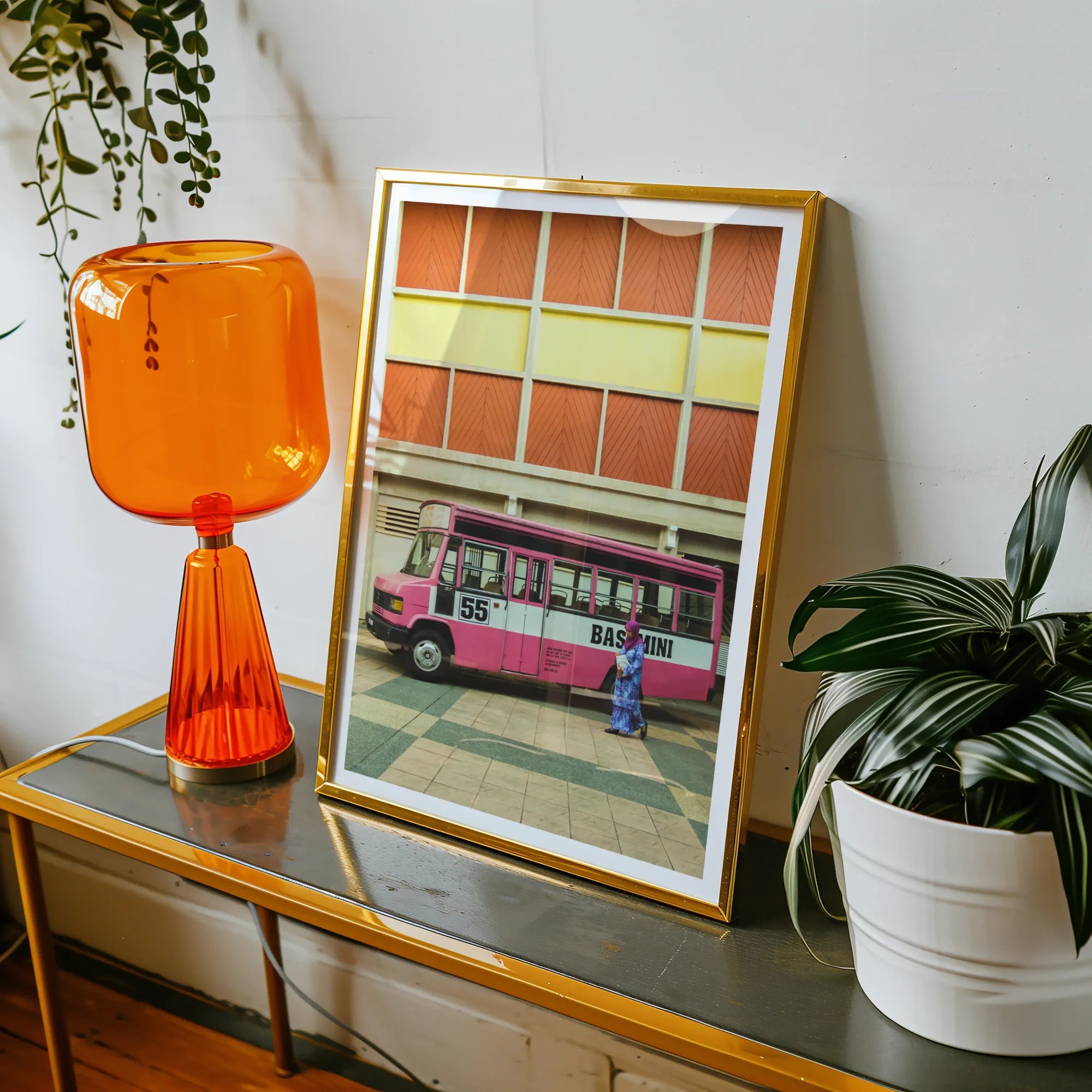 Route 55 - Colorful Kl Street Photography Art Print, Framed Photograph Pink Bus Street