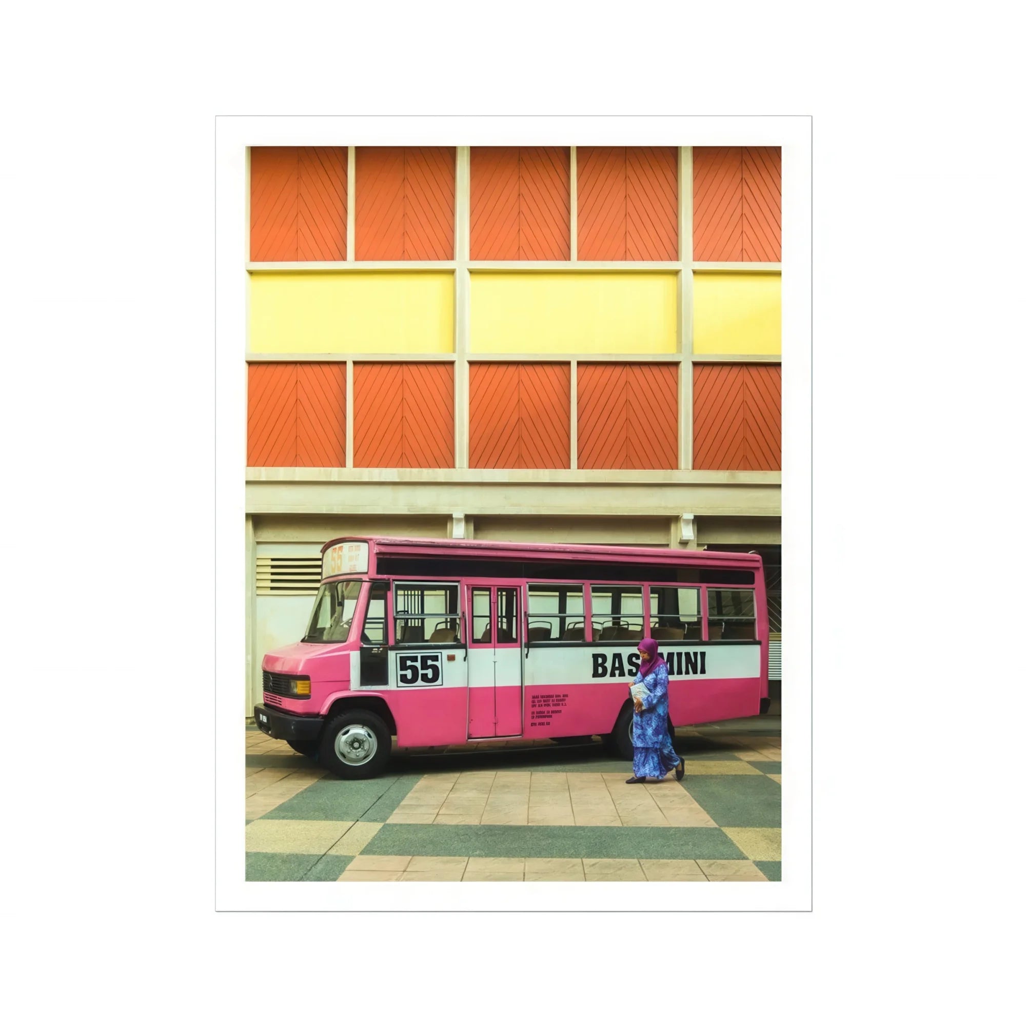 Route 55 - Colorful Kl Street Photography Art Print, Pink White Bus 55’’ Basmini Text
