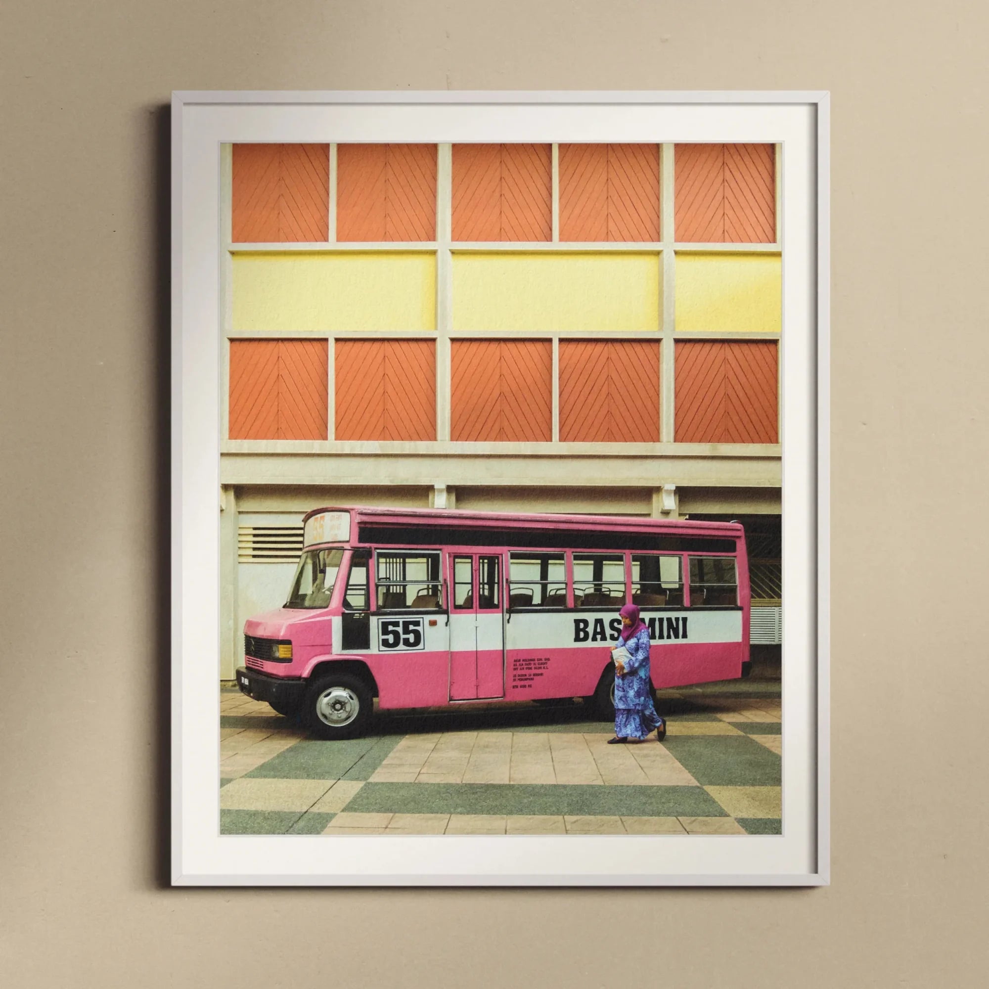 Route 55 - Colorful Kl Street Photography Art Print, Pink White Bus 55’’ Basuni Markings