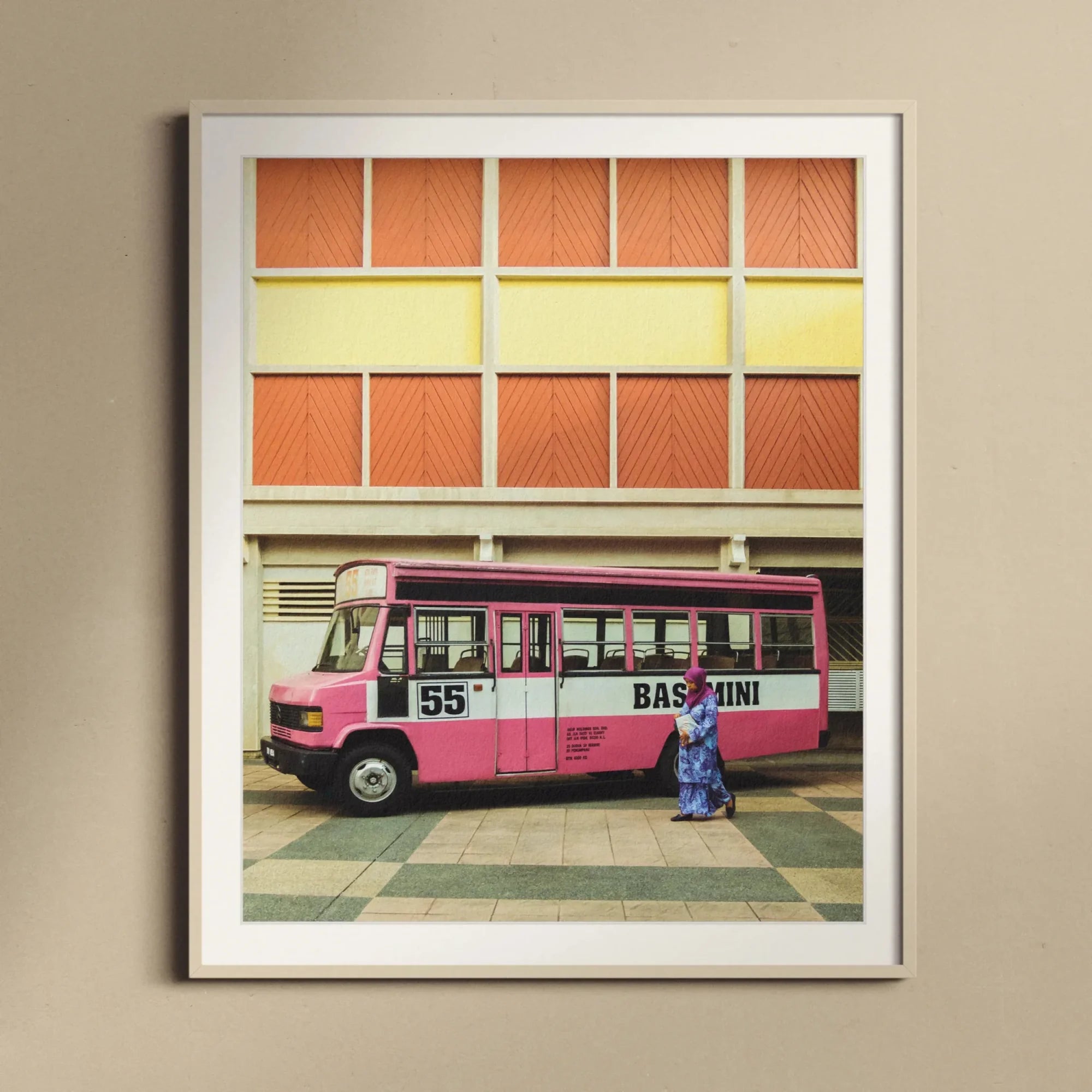 Route 55 - Colorful Kl Street Photography Art Print, Pink White Bus Bastini Written