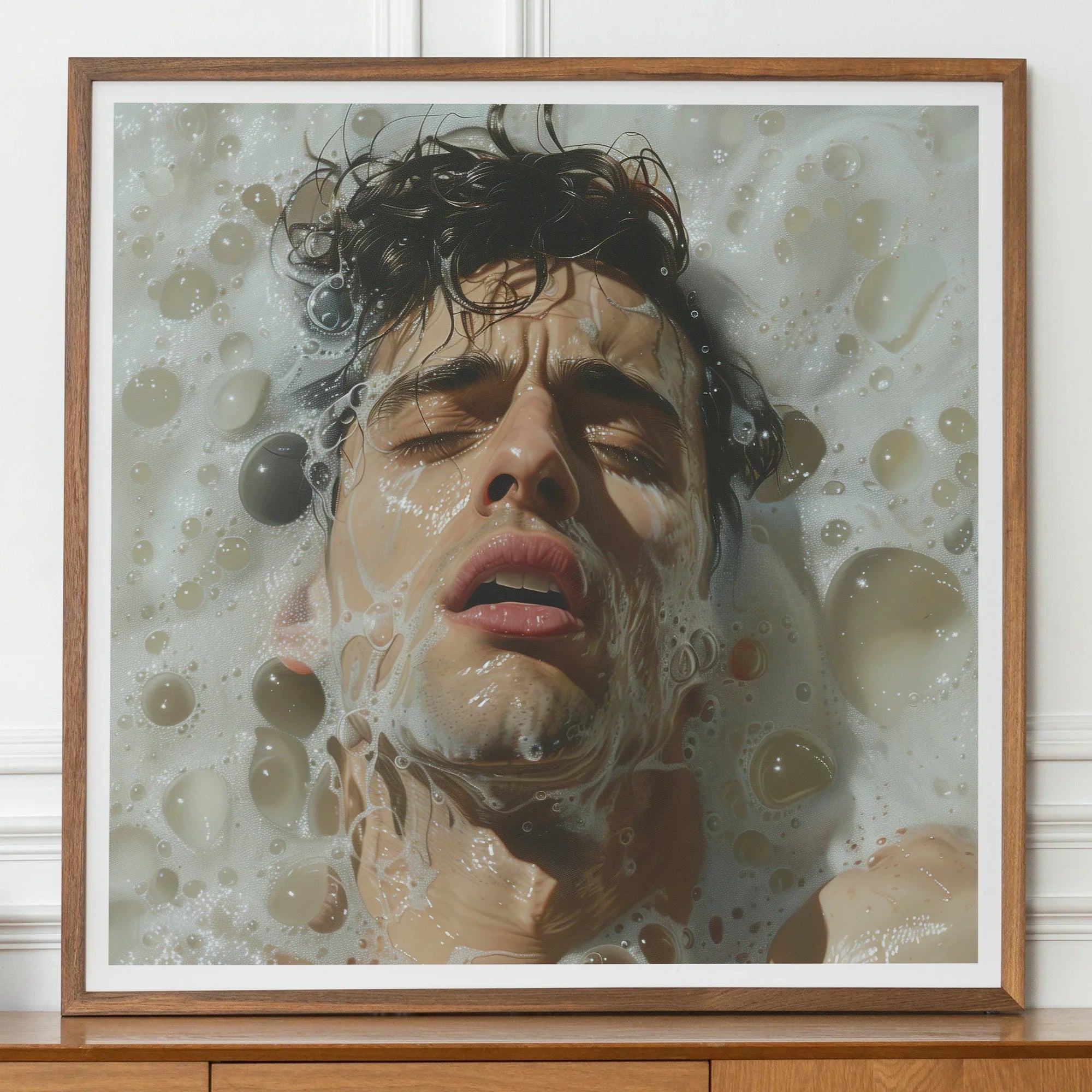 Rub-a-dub - Sexy Gay Dream Art Print, Hyperrealistic Painting Person’s Face Submerged Soapy Water