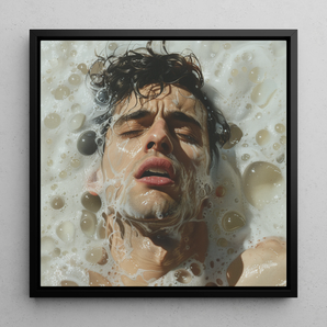 Rub-a-dub - Gay Wet Dream Art Framed Canvas, 12x12’’ / 31x31cm / Black Floating Frame, Close-up Portrait Person Submerged Water Bubbles Foam