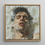 Rub-a-dub - Gay Wet Dream Art Framed Canvas, 12x12’’ / 31x31cm / Natural Floating Frame, Framed Print Man’s Face Covered Water Bubbles