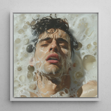Rub-a-dub - Gay Wet Dream Art Framed Canvas, 12x12’’ / 31x31cm / White Floating Frame, Framed Portrait Man Soapy Water
