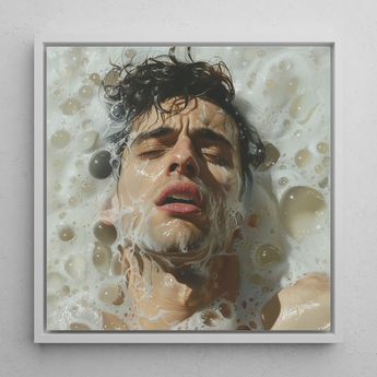 Rub-a-dub - Gay Wet Dream Art Framed Canvas, 12x12’’ / 31x31cm / White Floating Frame, Framed Portrait Man Soapy Water