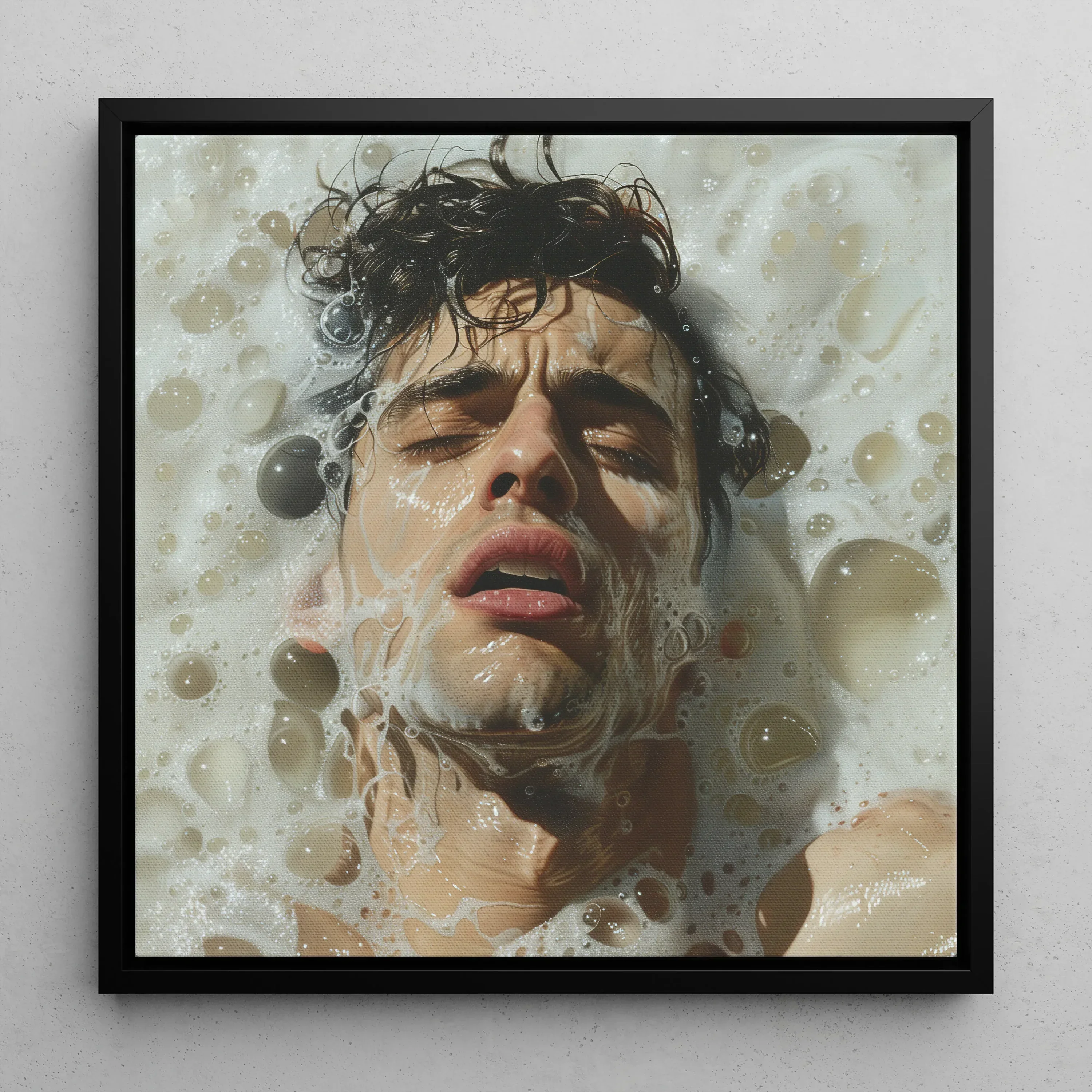 Rub a Dub Gay Wet Dream Art Framed Canvas, Close Up Portrait Person Submerged Water Bubbles Foam