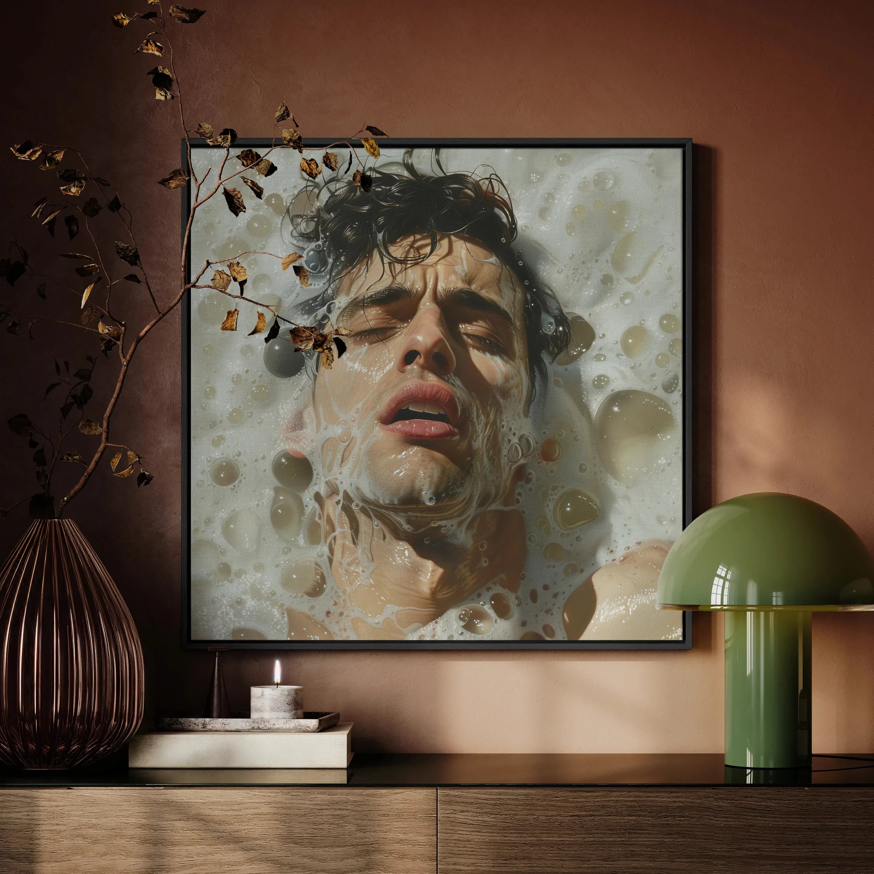 Rub a Dub Gay Wet Dream Art Framed Canvas, Framed Portrait Person’s Face Submerged Water Leaves Bubbles