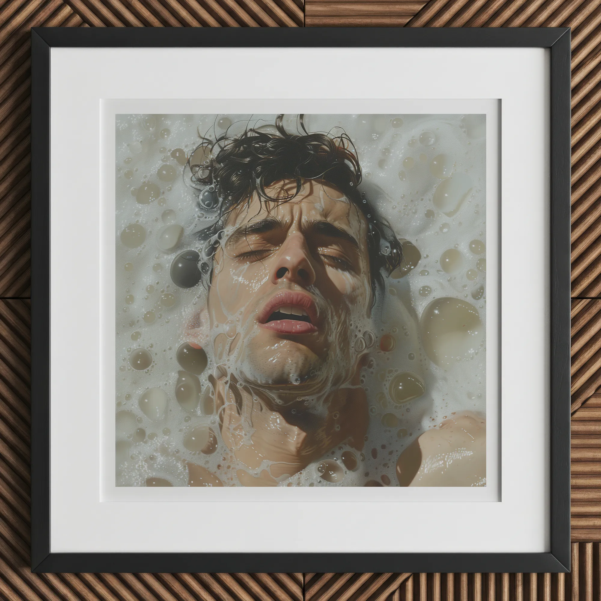 Rub-a-dub - Sexy Gay Dream Art Print, 12x12’’ / 31x31cm / Black Frame / 2’’ Matboard, Framed Photo Man Submerged Bubbles