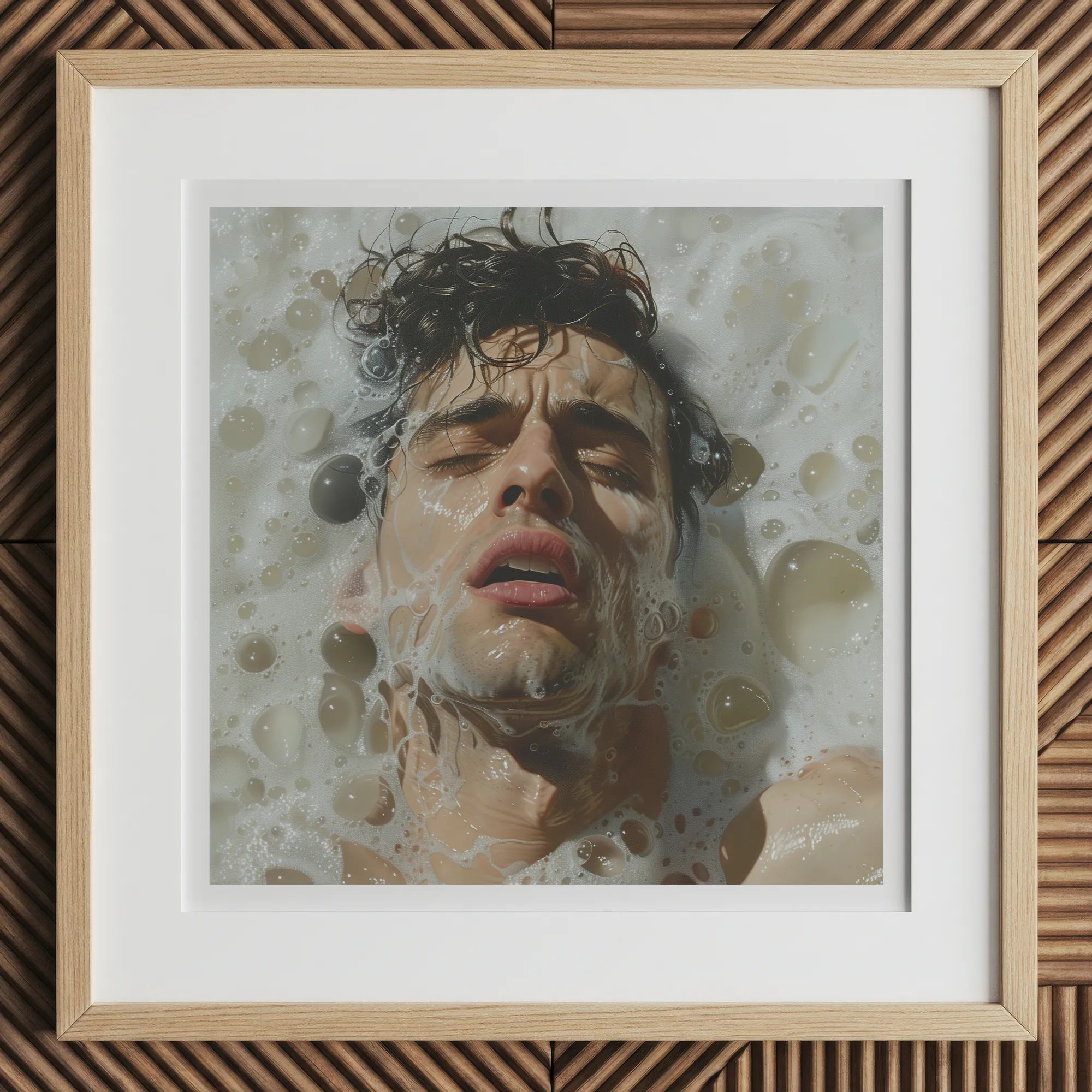 Rub-a-dub - Sexy Gay Dream Art Print, 12x12’’ / 31x31cm / Natural Frame / 2’’ Matboard, Framed Art Print Person Bubble Bath