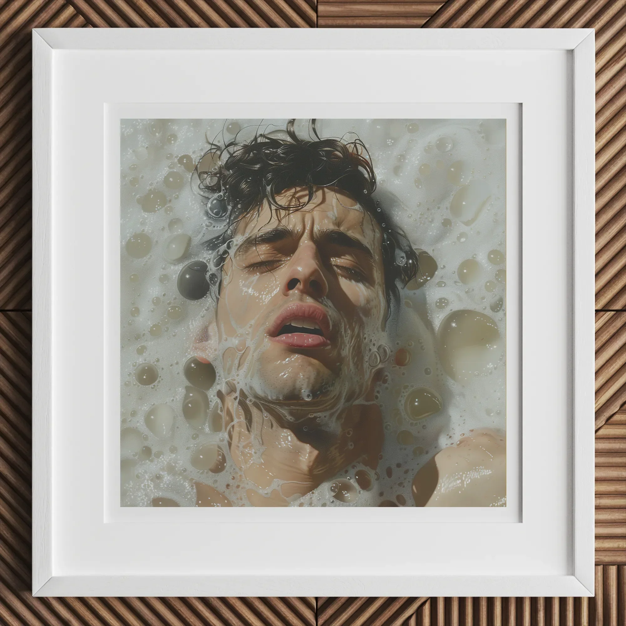 Rub-a-dub - Sexy Gay Dream Art Print, 12x12’’ / 31x31cm / White Frame / 2’’ Matboard, Framed Photograph Man Submerged Bubbles