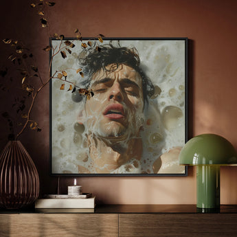 Rub-a-dub - Sexy Gay Dream Art Print / Canvas Framed Artwork Man Submerged Soapy Water Rendered Realistic Homoerotic Art Print, Petit Mort,
