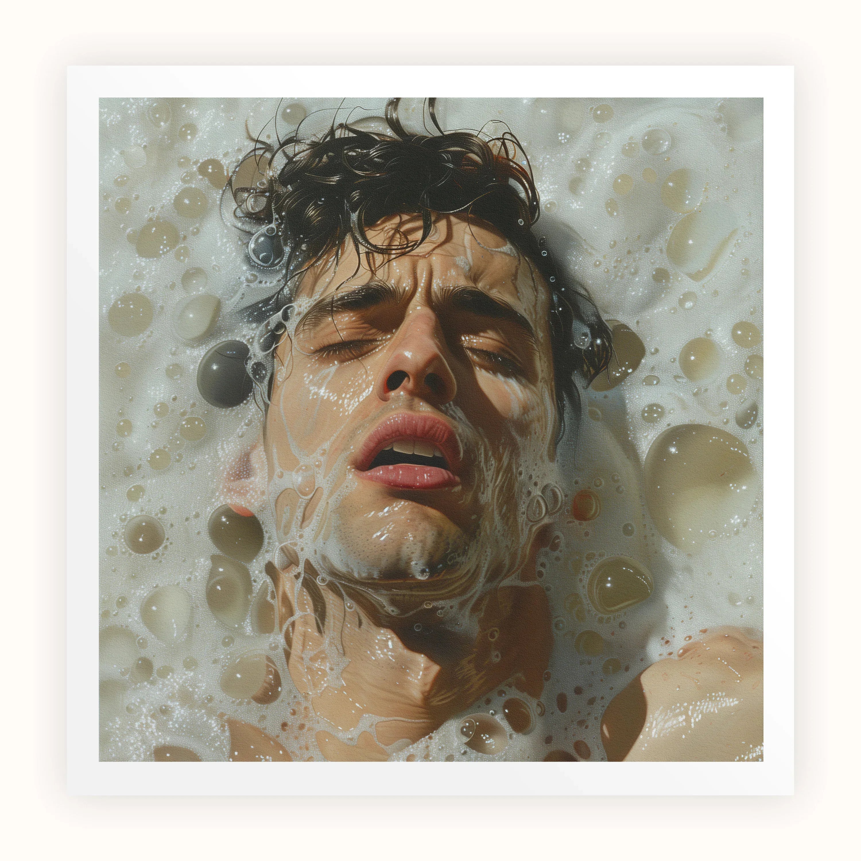 Rub a Dub Sexy Gay Dream Art Print, Close Up Portrait Person Submerged Water Soap Bubbles