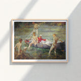 Framed Painting Group People Boat Water Rendered Soft Tuke’s Ruby, Malachite Unfolds, Crystalline Shallows