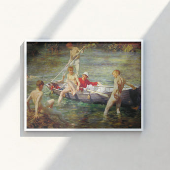 Framed Painting Group People Boat Water Rendered Soft Tuke’s Ruby, Malachite Unfolds, Crystalline Shallows