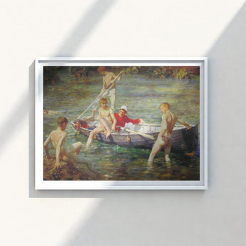 Framed Painting Group People Boat Water Rendered Soft Tuke’s Ruby, Malachite Unfolds, Crystalline Shallows