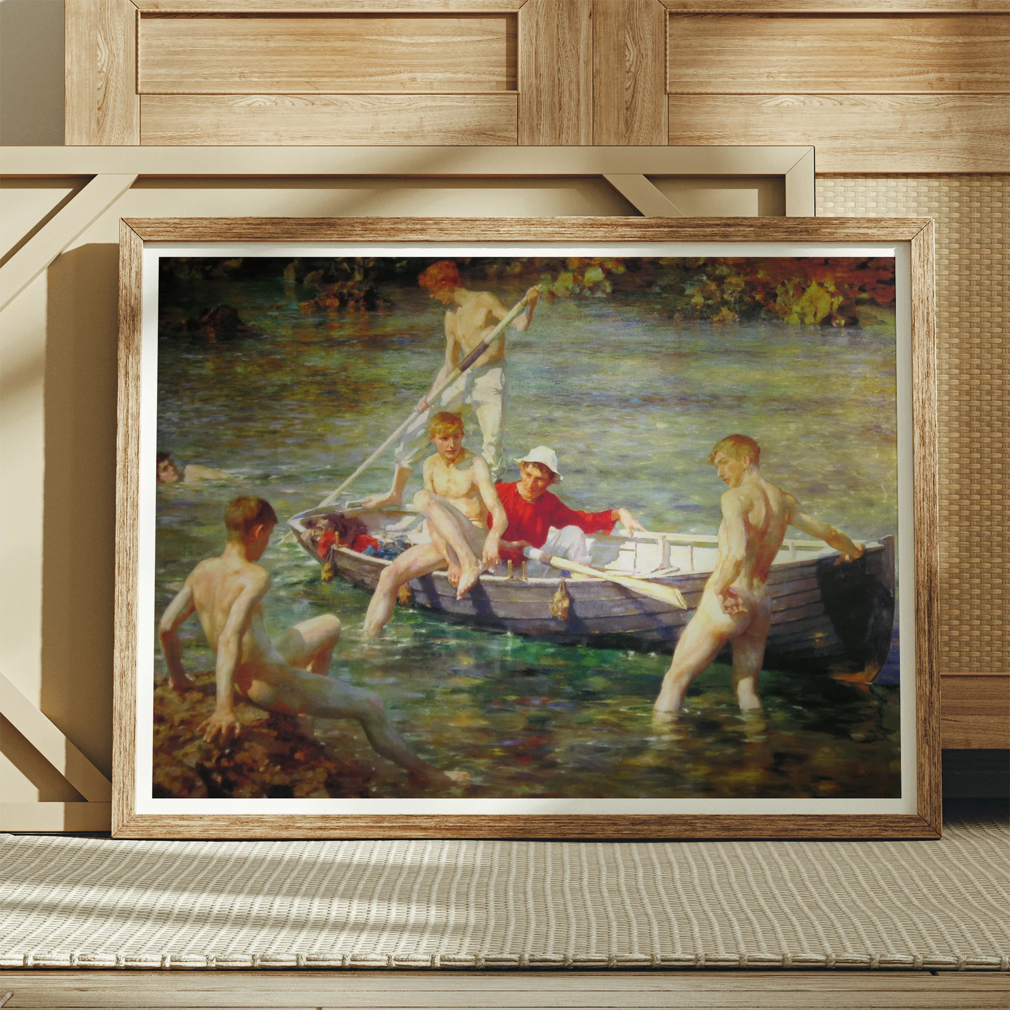 Ruby Gold and Malachite Henry Scott Tuke Art Print, Framed Painting Young Men Boys Rowboat Body Water