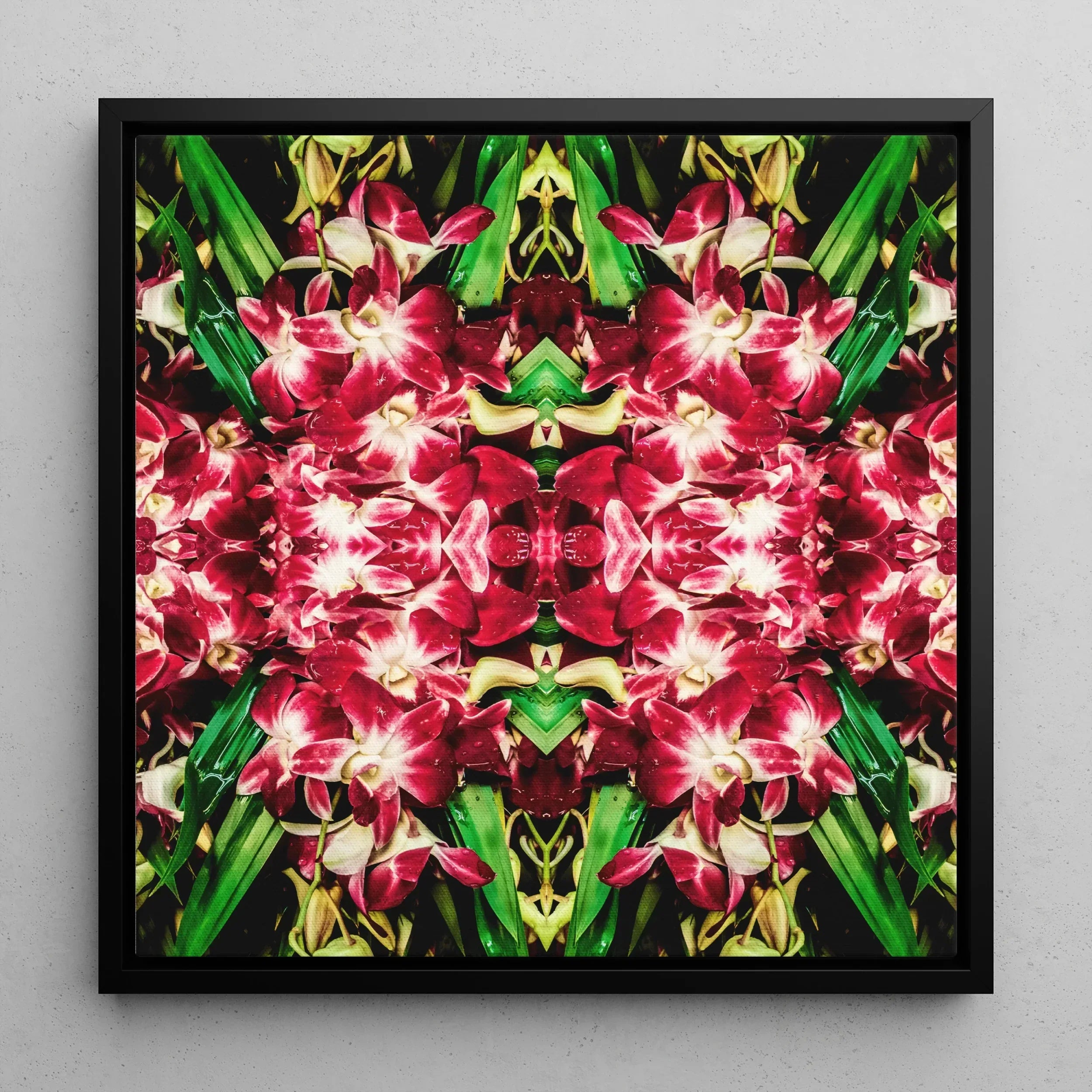 Ruby Reds - Bangkok Orchid Art Framed Canvas, Symmetrical Kaleidoscopic Pattern Vibrant Red Flowers Green Leaves