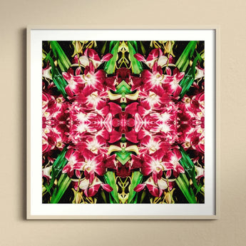 Ruby Reds - Bkk Flower Market Orchid Op Art Print, Kaleidoscopic Pattern Pink Orchids Green Leaves White Frame