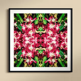 Ruby Reds - Bkk Flower Market Orchid Op Art Print, Kaleidoscopic Pattern Pink Orchids Green Leaves Symmetrical Design