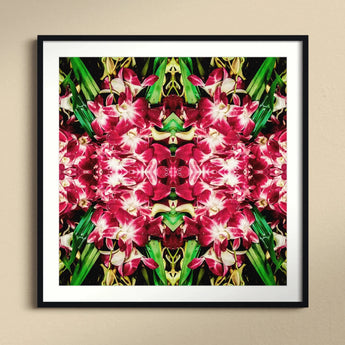 Ruby Reds - Bkk Flower Market Orchid Op Art Print, Kaleidoscopic Pattern Pink Orchids Green Leaves Symmetrical Design