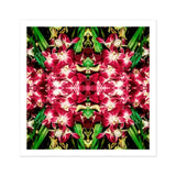 Ruby Reds - Bkk Flower Market Orchid Op Art Print, Kaleidoscopic Pattern Pink Orchids Green Leaves Arranged Symmetrical