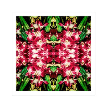 Ruby Reds - Bkk Flower Market Orchid Op Art Print, Kaleidoscopic Pattern Pink Orchids Green Leaves Arranged Symmetrical