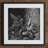Ruggiero Rescuing Angelica - Gustave Dore Art Print, 12x12’’ / 31x31cm / Black Frame / 2’’ Matboard, Framed Black White Engraved