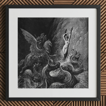 Ruggiero Rescuing Angelica - Gustave Dore Art Print, 12x12’’ / 31x31cm / Black Frame / 2’’ Matboard, Framed Black White Engraved