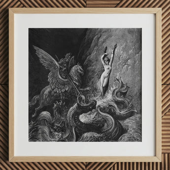 Ruggiero Rescuing Angelica - Gustave Dore Art Print, 12x12’’ / 31x31cm / Natural Frame / 2’’ Matboard, Framed Black White Mythological