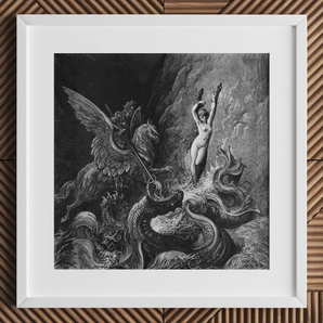 Ruggiero Rescuing Angelica - Gustave Dore Art Print, 12x12’’ / 31x31cm / White Frame / 2’’ Matboard, Black White Framed Print Mythological