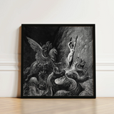 Ruggiero Rescuing Angelica - Gustave Dore Art Print / Canvas Black-framed Black-and-white Artwork Mythological Scene Winged Creature Nude,