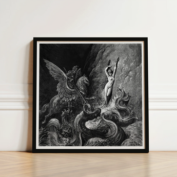 Ruggiero Rescuing Angelica - Gustave Dore Art Print / Canvas Black-framed White-matted Detailed Black-and-white Mythological Scene Winged,
