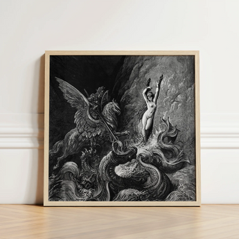 Ruggiero Rescuing Angelica - Gustave Dore Art Print / Canvas Framed Black-and-white Illustration Mythological Scene Winged Creature