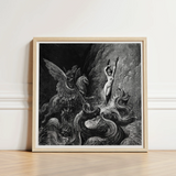 Ruggiero Rescuing Angelica - Gustave Dore Art Print / Canvas Framed Black-and-white Dramatic Scene Winged Creature Nude Figure, Angelica’s