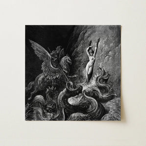 Ruggiero Rescuing Angelica - Gustave Dore Art Print / Canvas Black-and-white Engraved Mythological Scene Winged Creature Serpents,